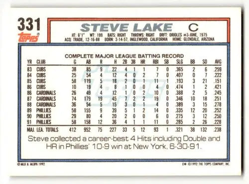 1992 Topps #331 Steve Lake Philadelphia Phillies Baseball Cards EX/N ID:55818 - Baseball Card Single