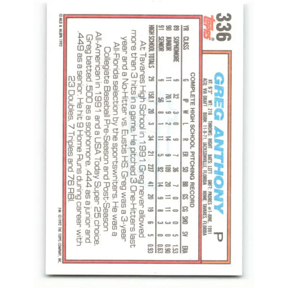 1992 Topps #336 Greg Anthony EX Excellent RC Rookie San Diego Padres Baseball Card - Baseball Card
