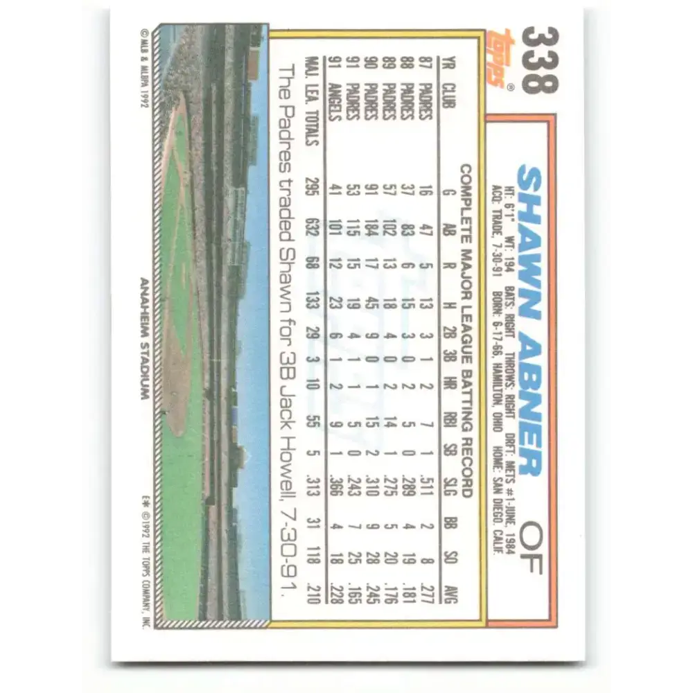 1992 Topps #338 Shawn Abner NM-MT California Angels Baseball Card - Baseball Card Single