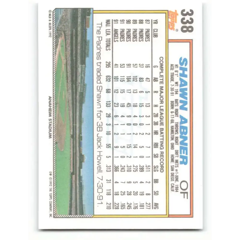 1992 Topps #338 Shawn Abner NM-MT California Angels Baseball Card - Baseball Card Single