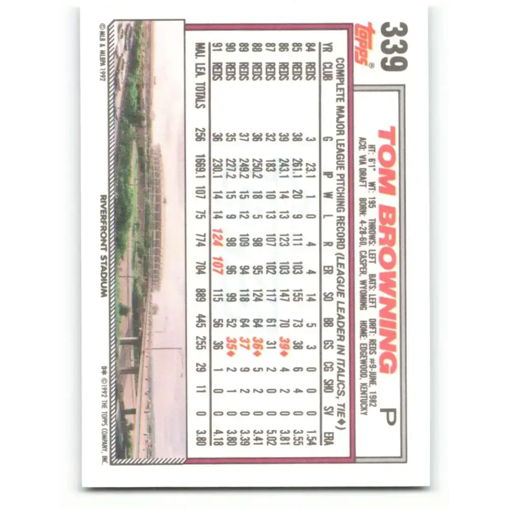 1992 Topps #339 Tom Browning NM-MT Cincinnati Reds Baseball Card - Baseball Card Single