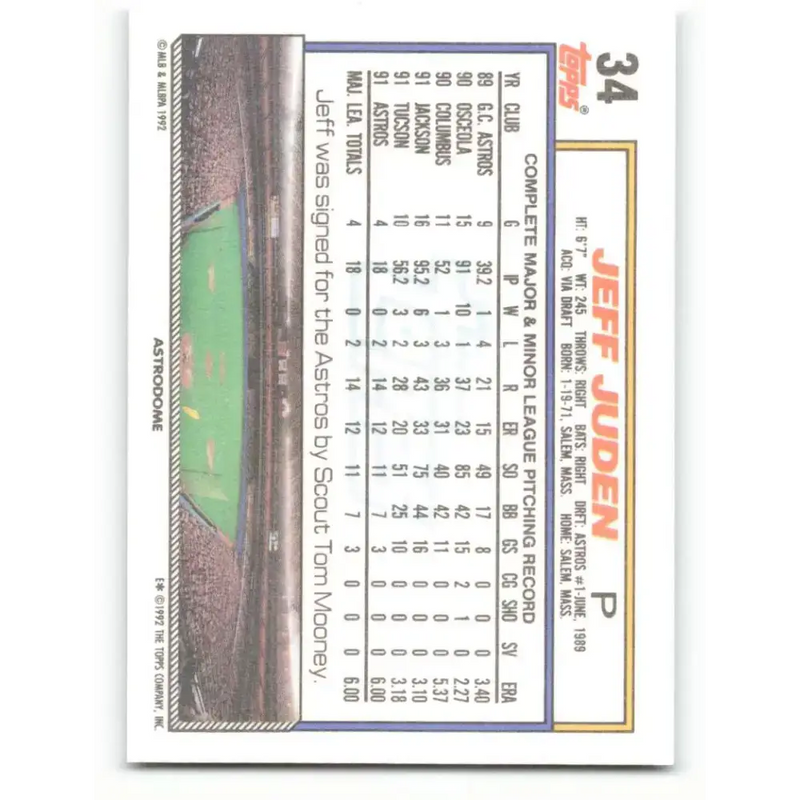 1992 Topps #34 Jeff Juden NM-MT Houston Astros Baseball Card - Baseball Card Single