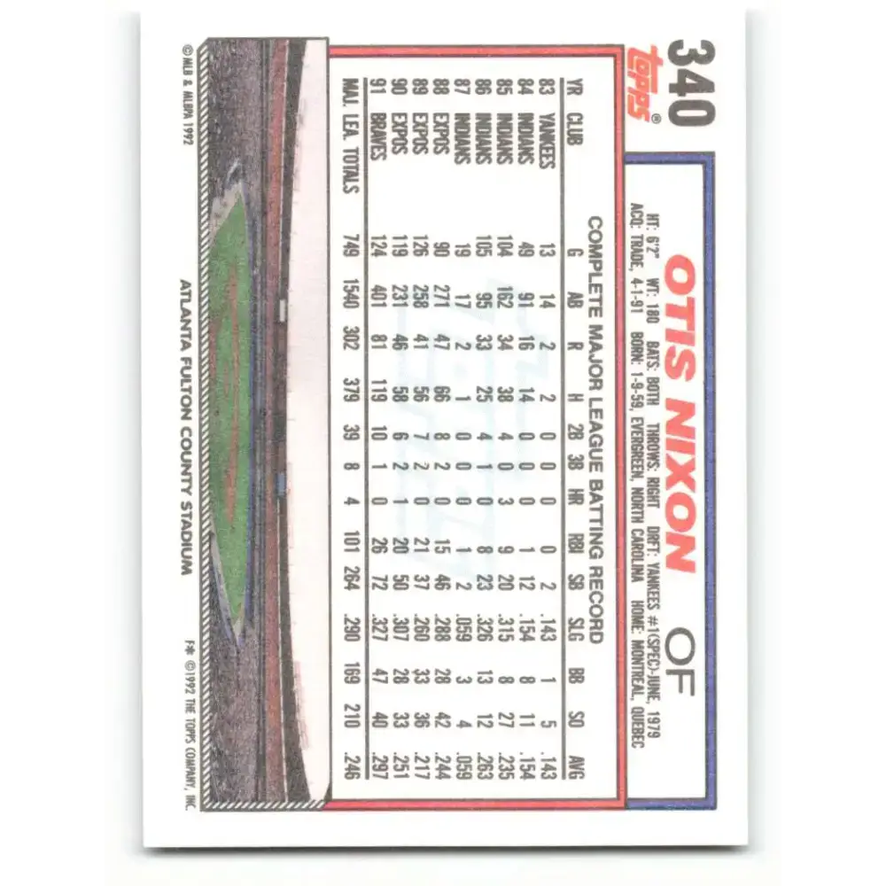 1992 Topps #340 Otis Nixon NM-MT Atlanta Braves Baseball Card - Baseball Card Single