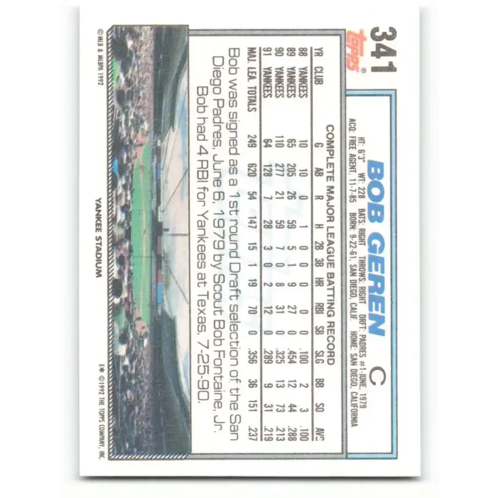 1992 Topps #341 Bob Geren NM-MT New York Yankees Baseball Card - Baseball Card Single
