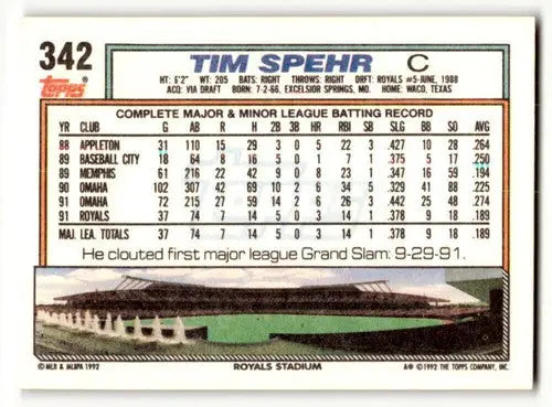 1992 Topps #342 Tim Spehr Kansas City Royals Baseball Cards EX/NM ID:55842 - Baseball Card Single