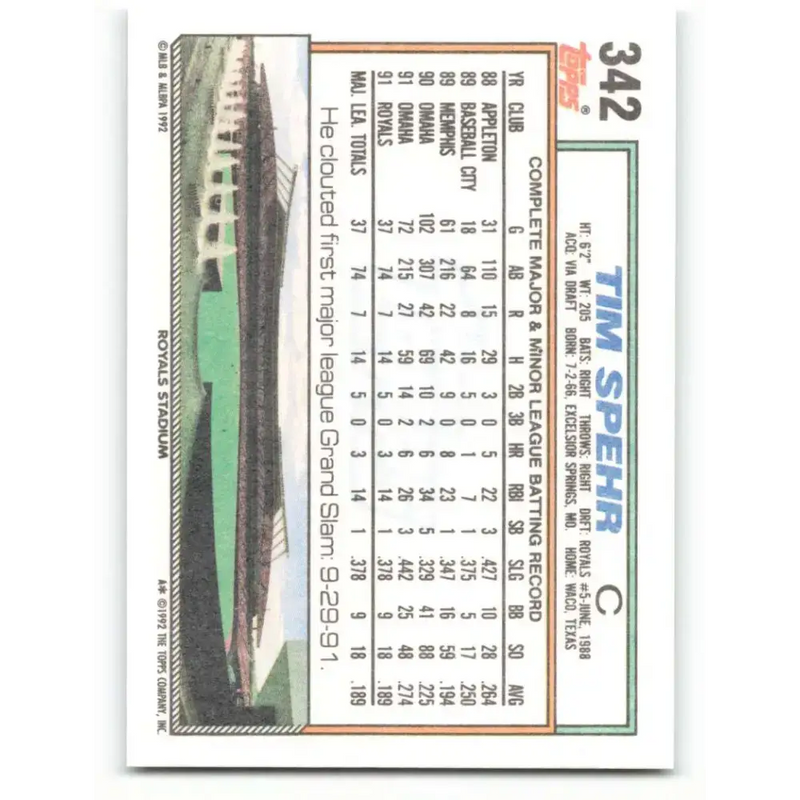 1992 Topps #342 Tim Spehr NM-MT Kansas City Royals Baseball Card - Baseball Card Single