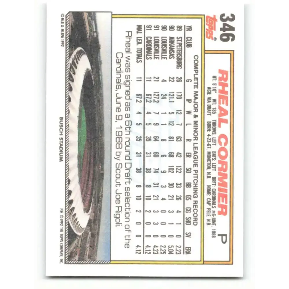 1992 Topps #346 Rheal Cormier NM-MT St. Louis Cardinals Baseball Card - Baseball Card Single