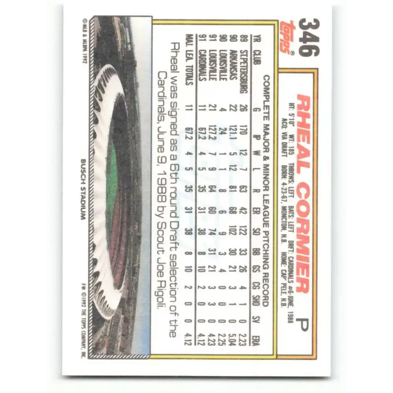 1992 Topps #346 Rheal Cormier NM-MT St. Louis Cardinals Baseball Card - Baseball Card Single