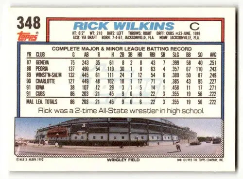 1992 Topps #348 Rick Wilkins Chicago Cubs Baseball Cards EX/NM ID:55858 - Baseball Card Single