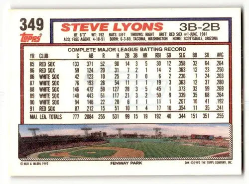 1992 Topps #349 Steve Lyons Boston Red Sox Baseball Cards EX/NM ID:61163 - Baseball Card Single