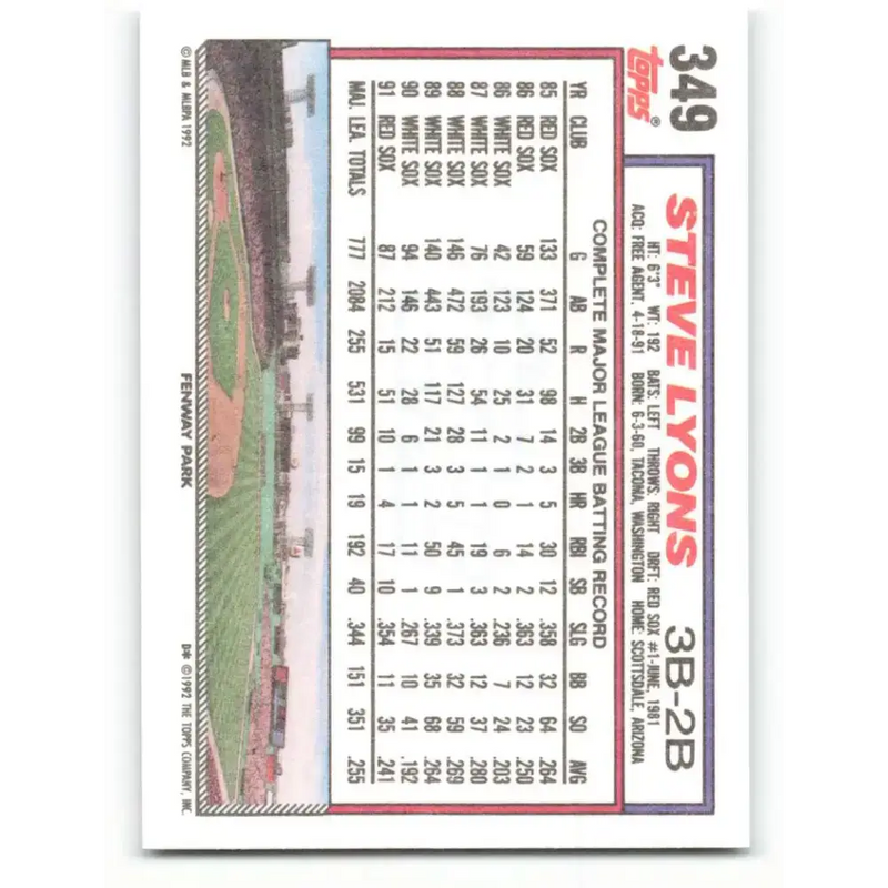 1992 Topps #349 Steve Lyons NM-MT Boston Red Sox Baseball Card - Baseball Card Single