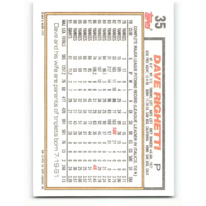 1992 Topps #35 Dave Righetti EX Excellent San Francisco Giants Baseball Card