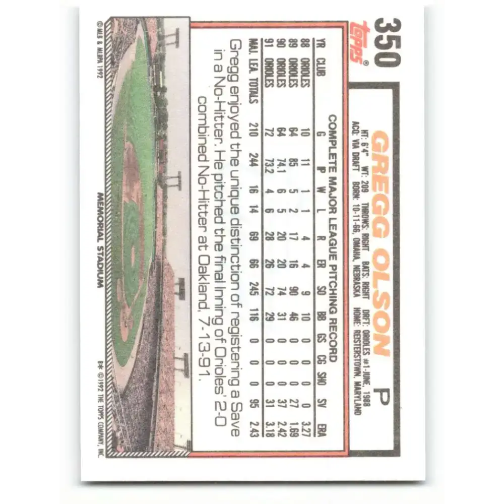 1992 Topps #350 Gregg Olson EX Excellent Baltimore Orioles Baseball Card - Baseball Card