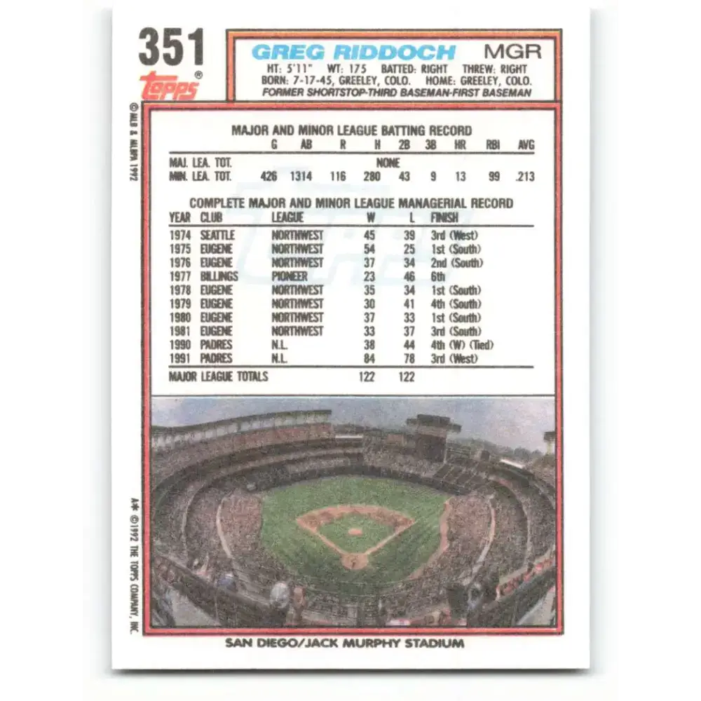 1992 Topps #351 Greg Riddoch NM-MT San Diego Padres Baseball Card - Baseball Card Single