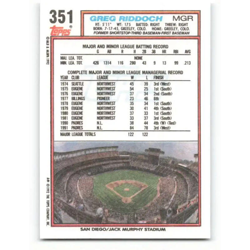 1992 Topps #351 Greg Riddoch NM-MT San Diego Padres Baseball Card - Baseball Card Single