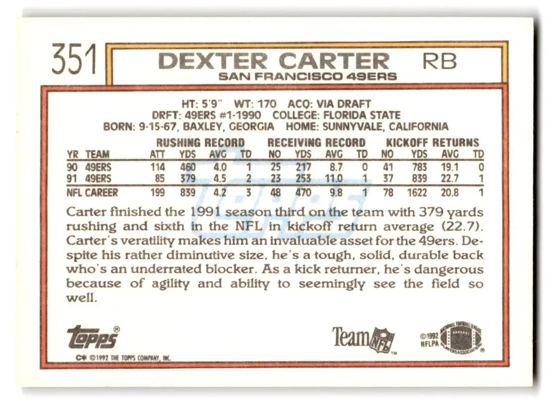 1992 Topps #351b Dexter Carter - Football Card Single