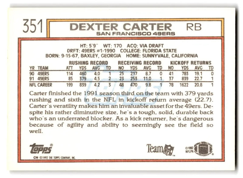 1992 Topps #351b Dexter Carter - Football Card Single