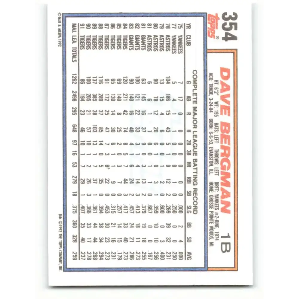 1992 Topps #354 Dave Bergman EX Excellent Detroit Tigers Baseball Card - Baseball Card