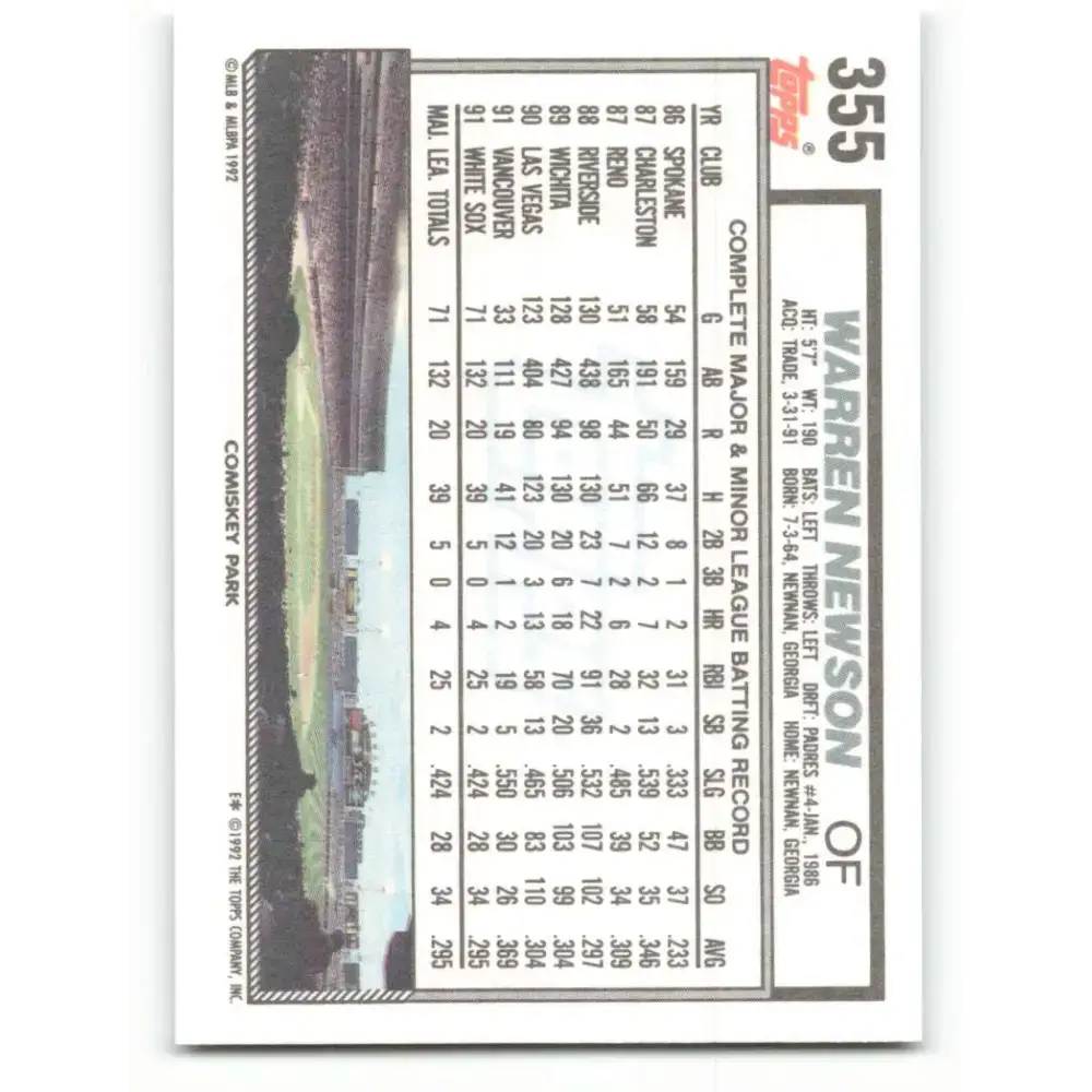 1992 Topps #355 Warren Newson NM-MT Chicago White Sox Baseball Card - Baseball Card Single