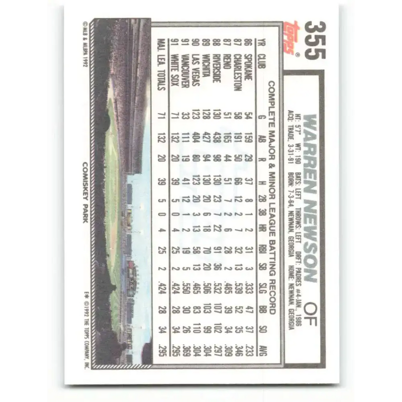 1992 Topps #355 Warren Newson NM-MT Chicago White Sox Baseball Card - Baseball Card Single