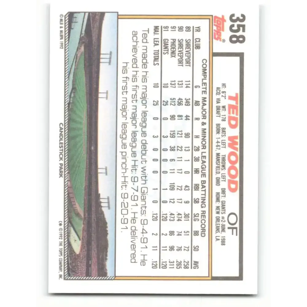 1992 Topps #358 Ted Wood NM-MT San Francisco Giants Baseball Card - Baseball Card Single