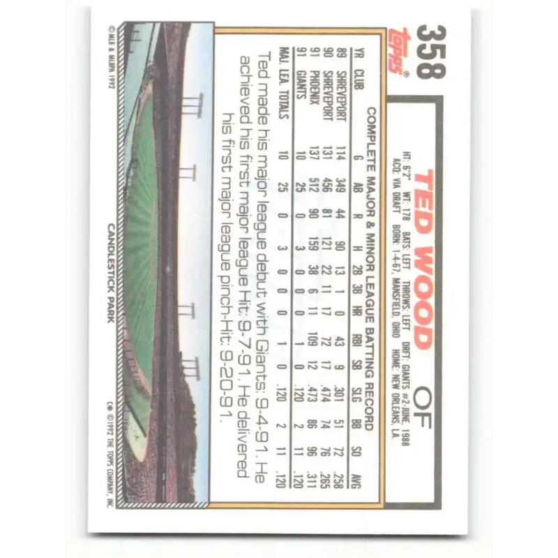 1992 Topps #358 Ted Wood NM-MT San Francisco Giants Baseball Card - Baseball Card Single