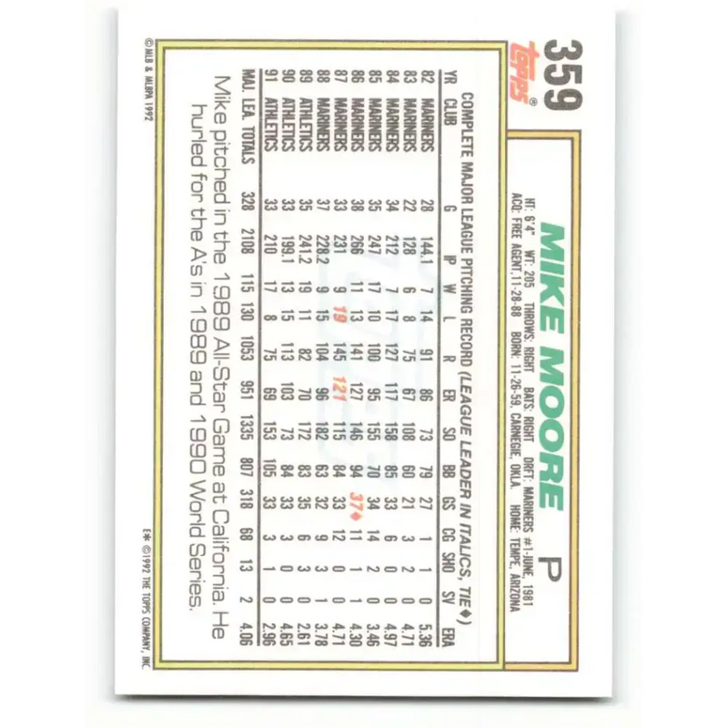 1992 Topps #359 Mike Moore NM-MT Oakland Athletics Baseball Card - Baseball Card Single