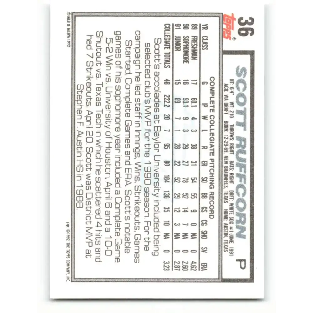 1992 Topps #36 Scott Ruffcorn NM-MT RC Rookie Chicago White Sox Baseball Card - Baseball Card Single