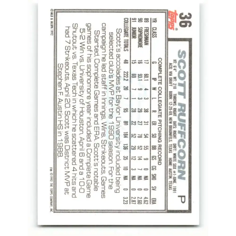 1992 Topps #36 Scott Ruffcorn NM-MT RC Rookie Chicago White Sox Baseball Card - Baseball Card Single