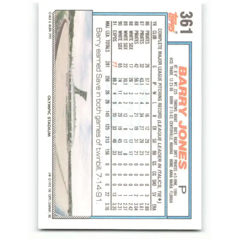 1992 Topps #361 Barry Jones NM-MT Montreal Expos Baseball Card - Baseball Card Single