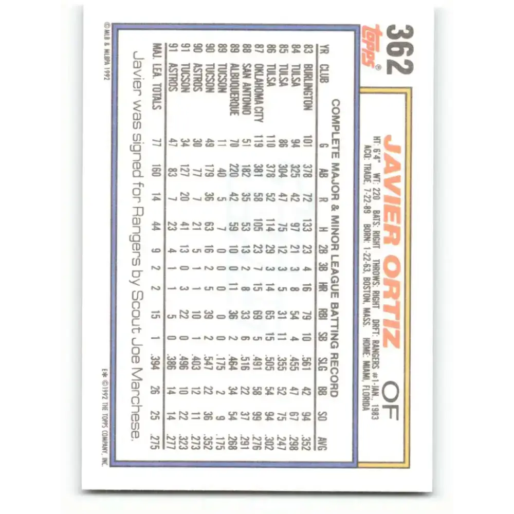 1992 Topps #362 Javier Ortiz NM-MT Houston Astros Baseball Card - Baseball Card Single