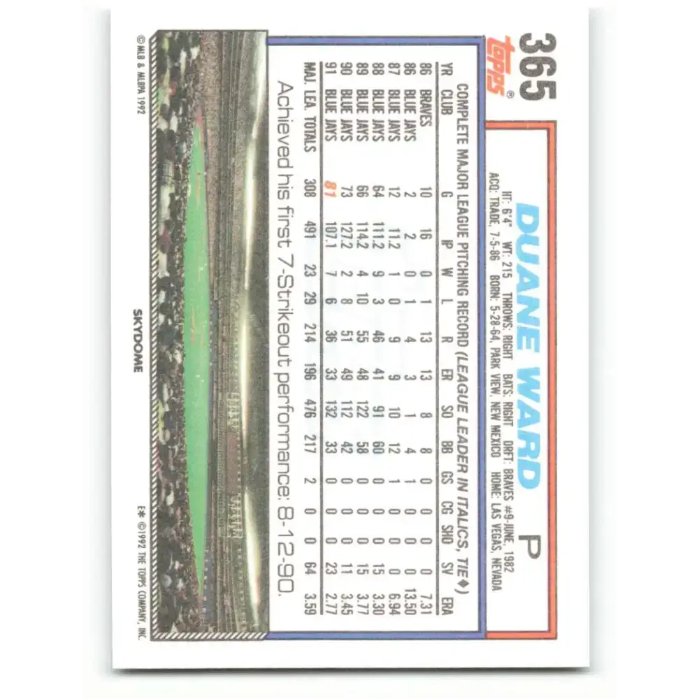 1992 Topps #365 Duane Ward NM-MT Toronto Blue Jays Baseball Card - Baseball Card Single