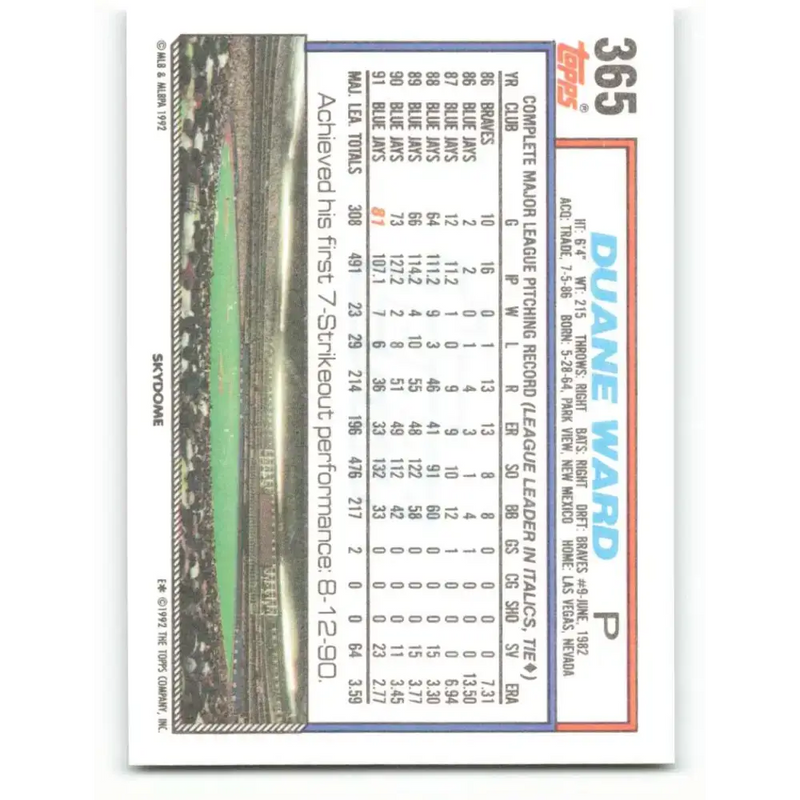 1992 Topps #365 Duane Ward NM-MT Toronto Blue Jays Baseball Card - Baseball Card Single