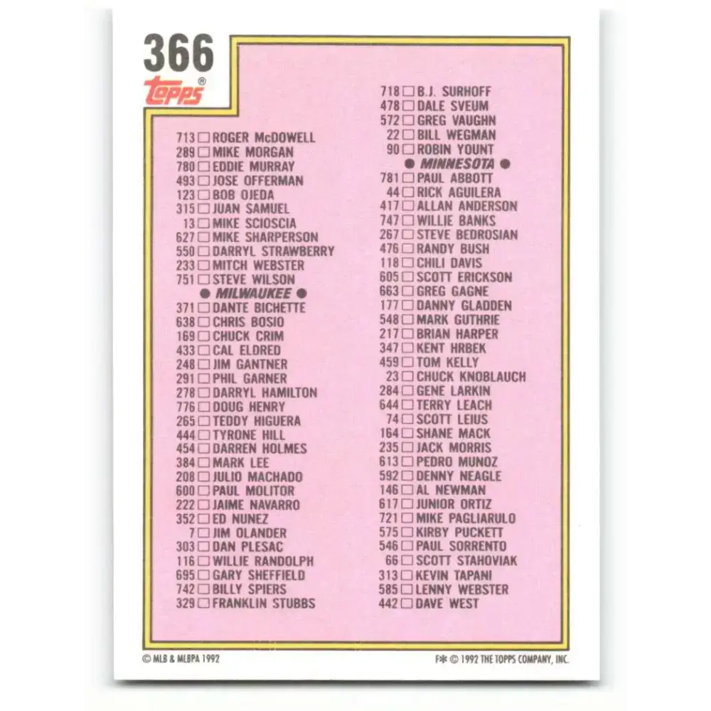 1992 Topps #366 Checklist 265-396 NM-MT Baseball Card - Baseball Card Single