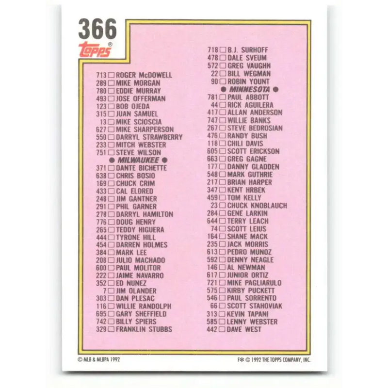1992 Topps #366 Checklist 265-396 NM-MT Baseball Card - Baseball Card Single