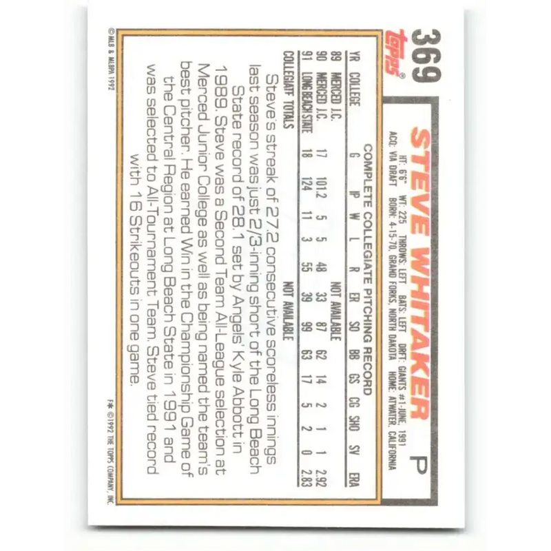 1992 Topps #369 Steve Whitaker NM-MT RC Rookie San Francisco Giants Baseball Card - Baseball Card Single