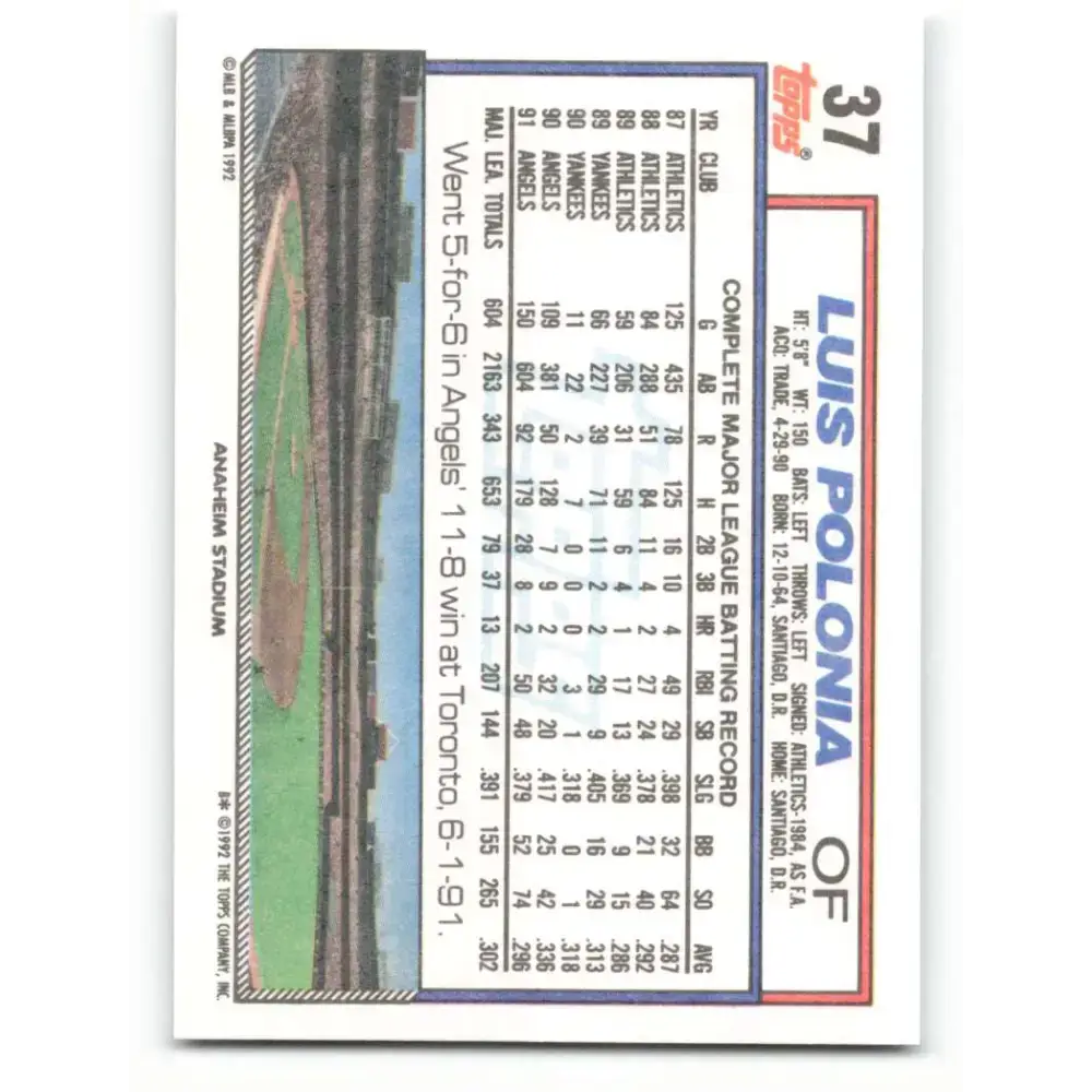 1992 Topps #37 Luis Polonia NM-MT California Angels Baseball Card - Baseball Card Single