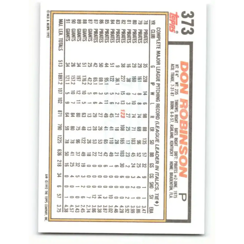 1992 Topps #373 Don Robinson NM-MT San Francisco Giants Baseball Card - Baseball Card Single