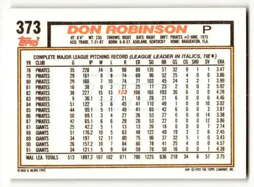 1992 Topps #373 Don Robinson San Francisco Giants Baseball Cards EX/ ID:55849 - Baseball Card Single
