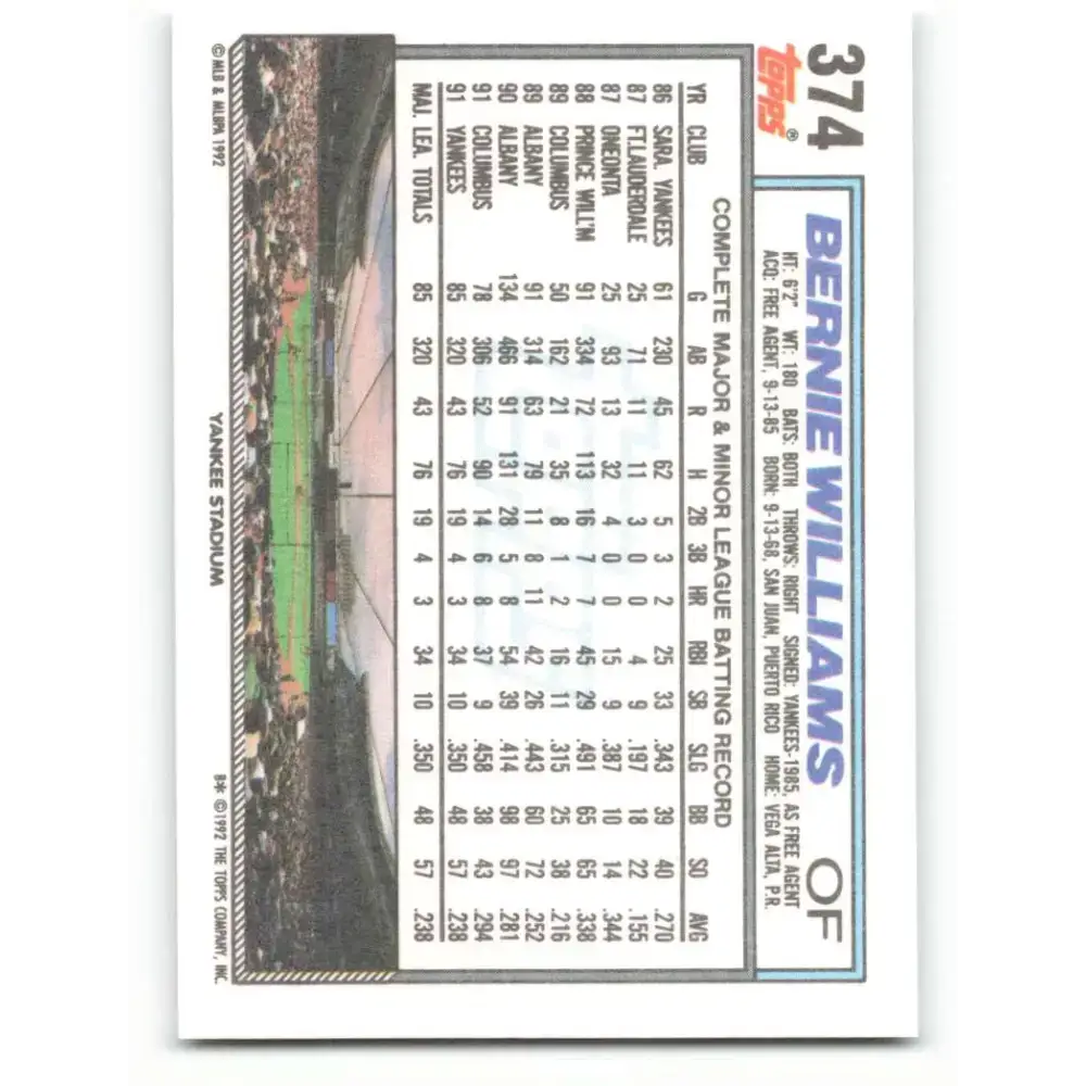 1992 Topps #374 Bernie Williams NM-MT New York Yankees Baseball Card - Baseball Card Single