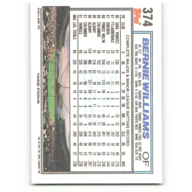 1992 Topps #374 Bernie Williams NM-MT New York Yankees Baseball Card - Baseball Card Single
