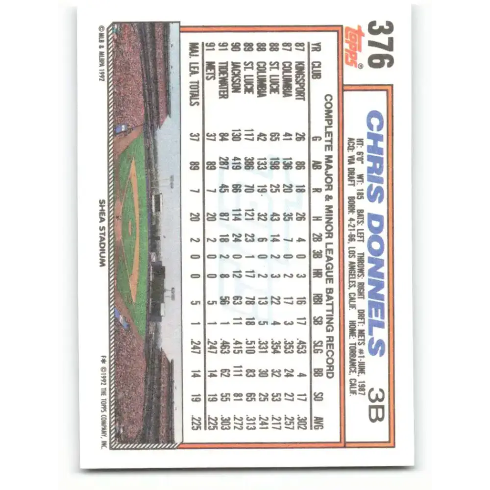 1992 Topps #376 Chris Donnels NM-MT New York Mets Baseball Card - Baseball Card Single