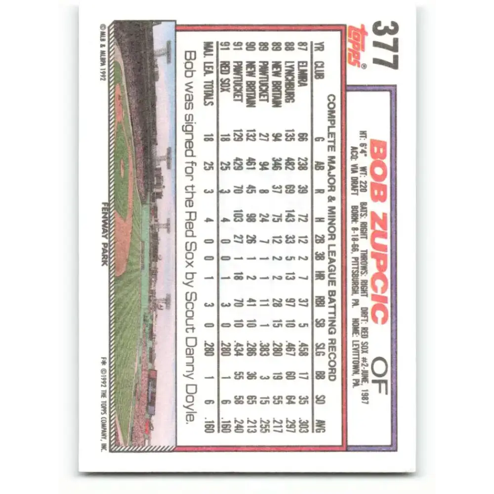 1992 Topps #377 Bob Zupcic NM-MT RC Rookie Boston Red Sox Baseball Card - Baseball Card Single