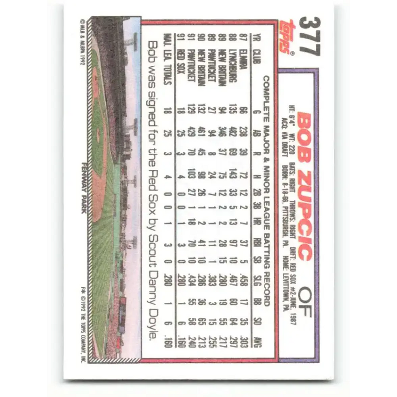 1992 Topps #377 Bob Zupcic NM-MT RC Rookie Boston Red Sox Baseball Card - Baseball Card Single
