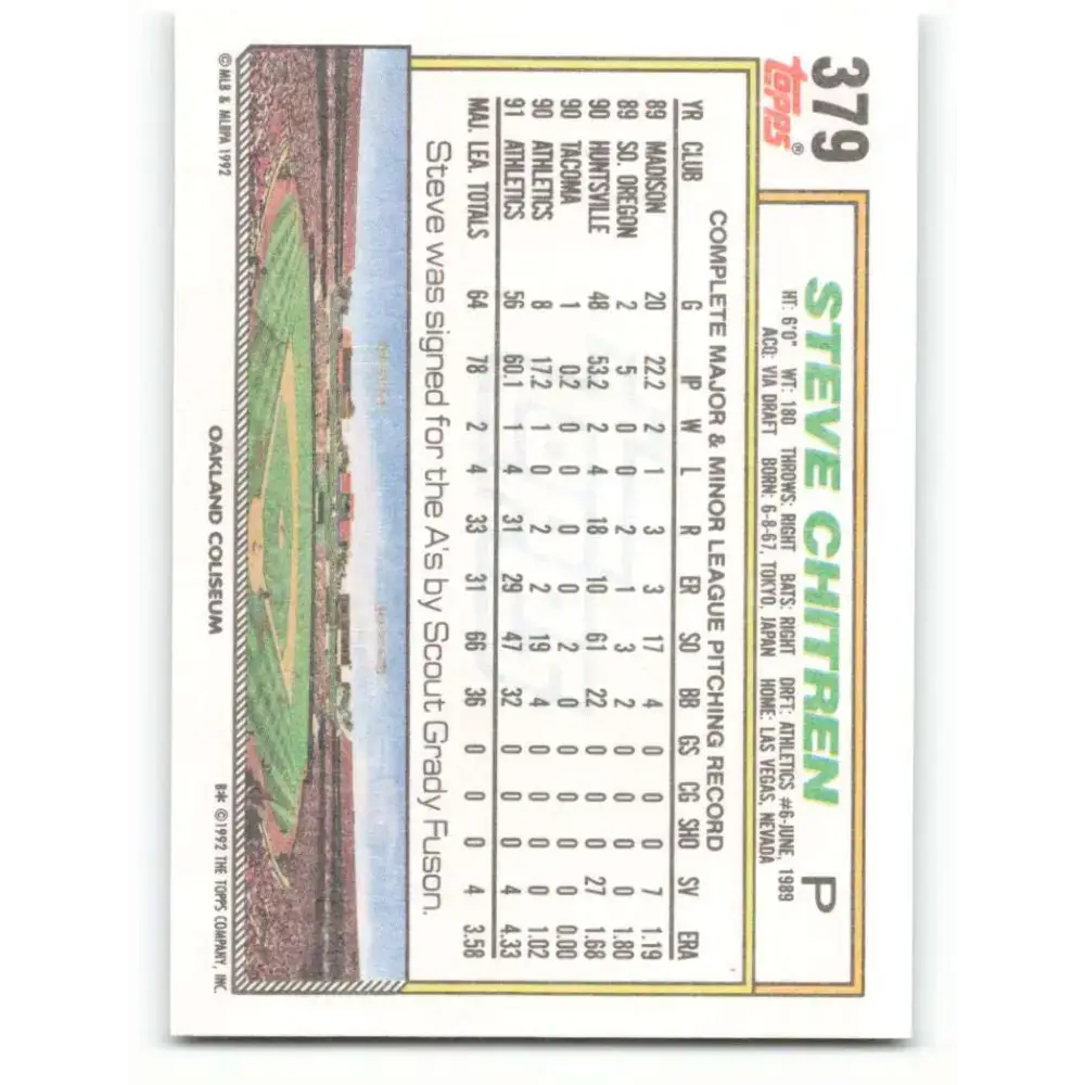 1992 Topps #379 Steve Chitren NM-MT Oakland Athletics Baseball Card - Baseball Card Single