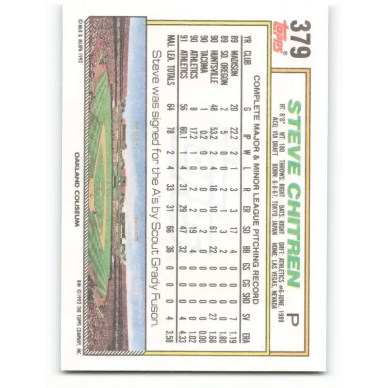 1992 Topps #379 Steve Chitren NM-MT Oakland Athletics Baseball Card - Baseball Card Single