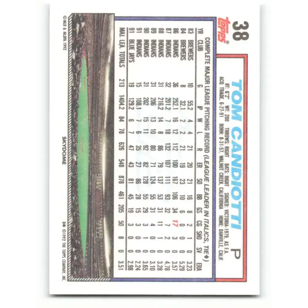 1992 Topps #38 Tom Candiotti EX Excellent Toronto Blue Jays Baseball Card - Baseball Card