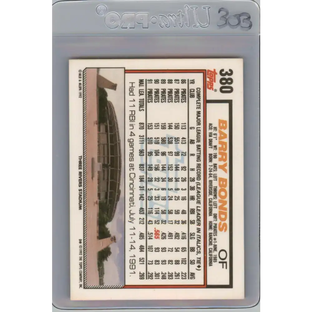 1992 Topps #380 Barry Bonds EX Excellent Pittsburgh Pirates Baseball Card