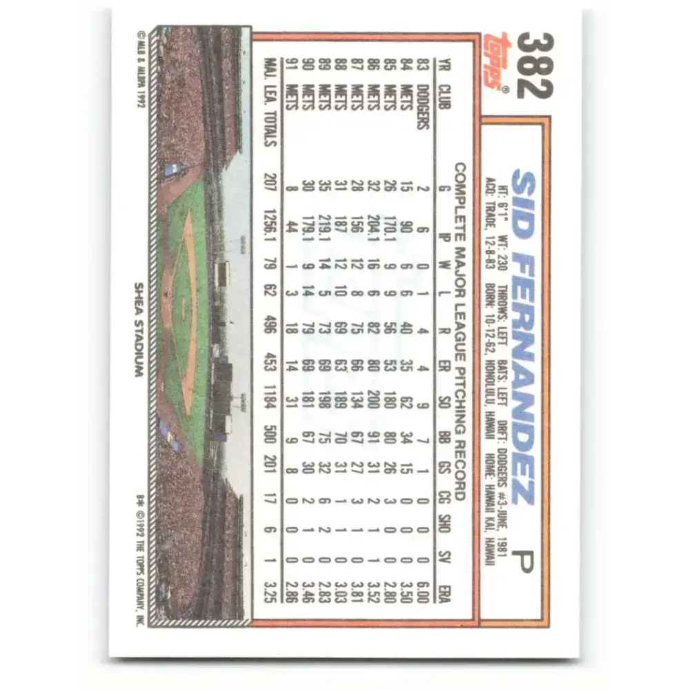 1992 Topps #382 Sid Fernandez NM-MT New York Mets Baseball Card - Baseball Card Single