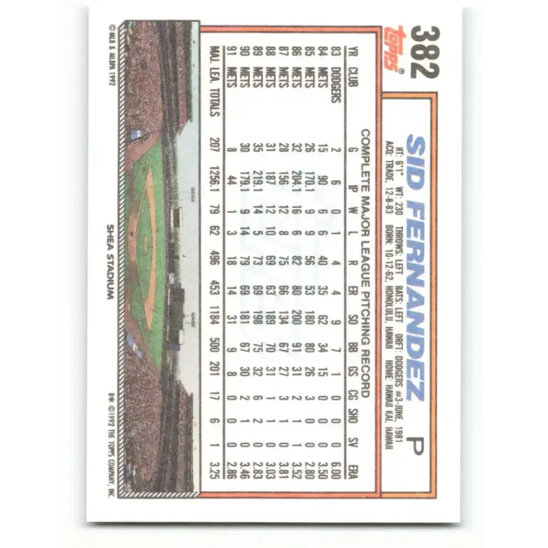 1992 Topps #382 Sid Fernandez NM-MT New York Mets Baseball Card - Baseball Card Single